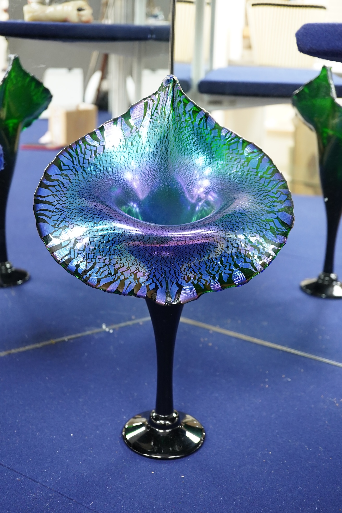 An Isle of Wight iridescent glass vase, Richard Golding Okra Luxor vase and Jack in Pulpit the box vase (3) tallest 38.5cm